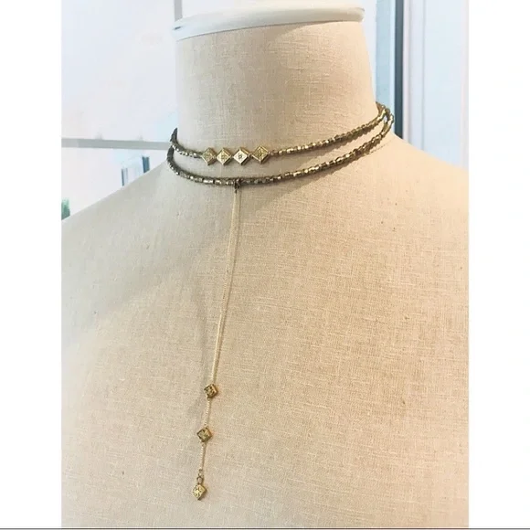 NEW Vanessa Mooney GOLD beaded double strand lariat elysee Choker Necklace - Picture 2 of 8